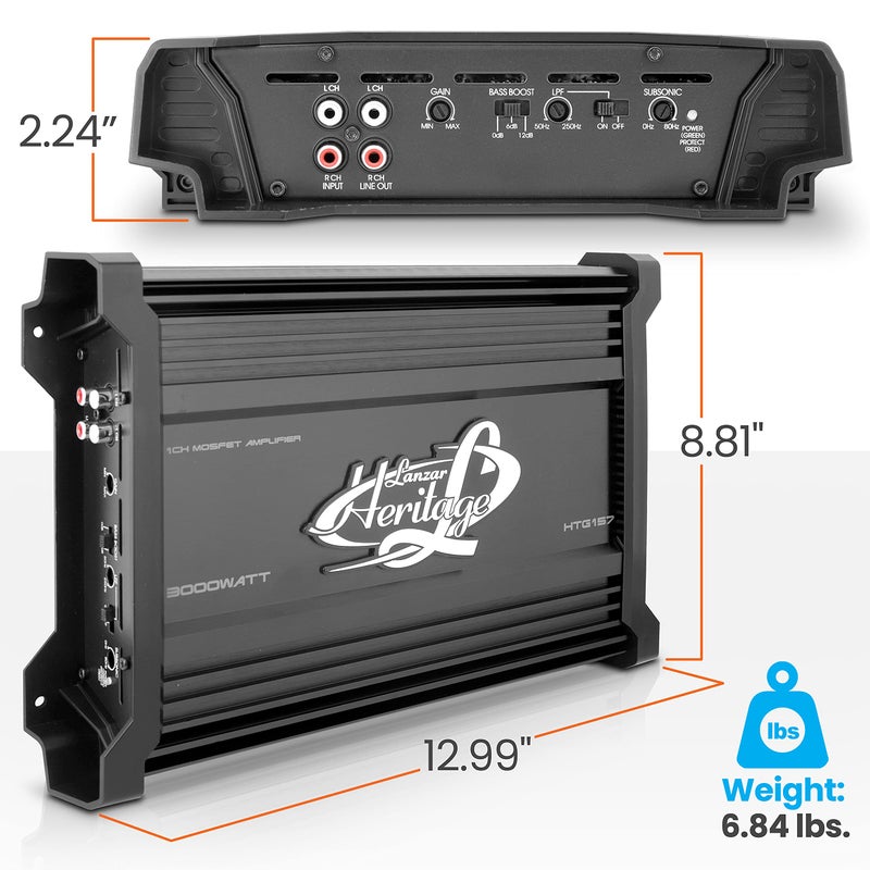 Lanzar 1 Channel Car Audio Amplifier, 3000 Watt, Monoblock, 2 Ohm, MOSFET, Nickel Plated RCA Input, Bass Boost Circuit, Electronic Crossover Network, Power Protection LEDs - HTG157 - Image 2